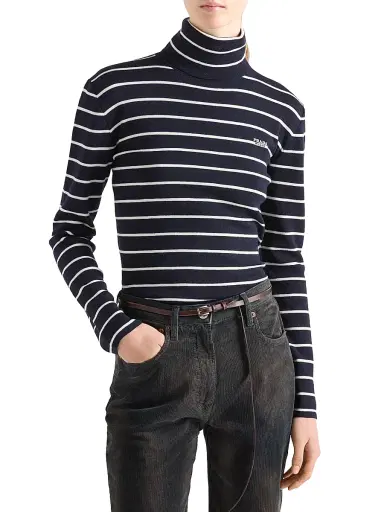 Prada Women's Striped Wool Turtleneck Sweater - Blue - Size 12 | Thumbnail 2