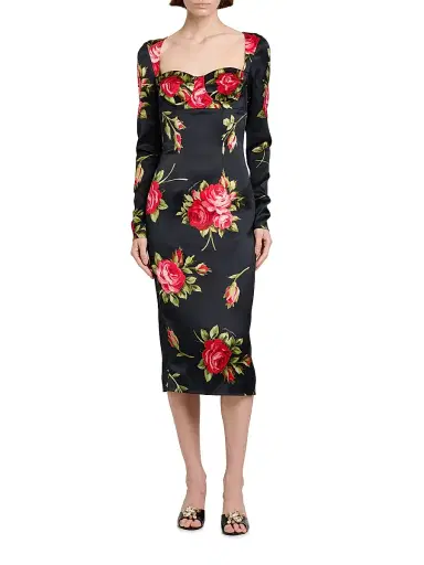 Dolce & Gabbana Women's Floral Satin Long-Sleeve Cocktail Dress - Bouquet Rose F Nero - Size 8 | Thumbnail 3