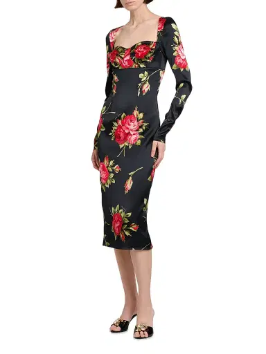 Dolce & Gabbana Women's Floral Satin Long-Sleeve Cocktail Dress - Bouquet Rose F Nero - Size 8 | Thumbnail 4
