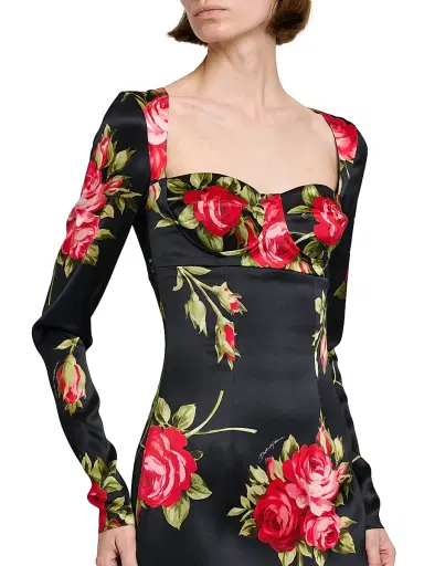 Dolce & Gabbana Women's Floral Satin Long-Sleeve Cocktail Dress - Bouquet Rose F Nero - Size 8 | Thumbnail 6