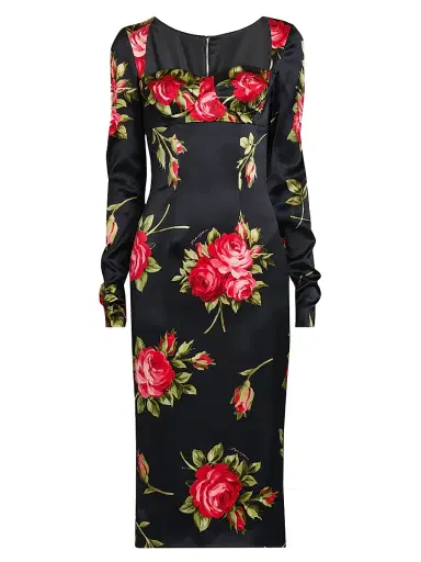 Dolce & Gabbana Women's Floral Satin Long-Sleeve Cocktail Dress - Bouquet Rose F Nero - Size 8 | Thumbnail 1