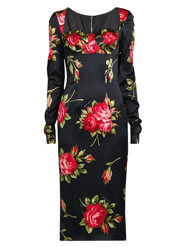 Women's Floral Satin Long-Sleeve Cocktail Dress - Bouquet Rose F Nero