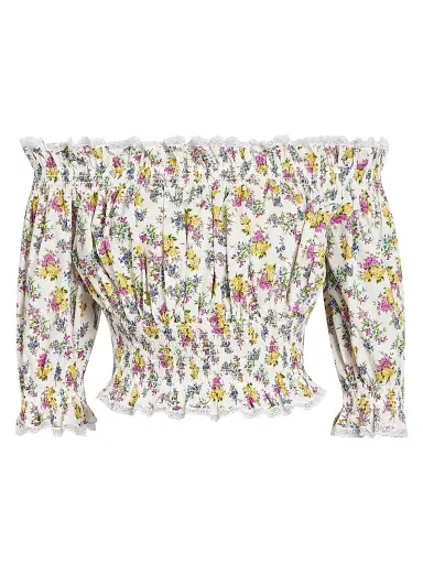Dolce & Gabbana Women's Lace-Trim Floral Off-The-Shoulder Crop Blouse - Fiorellini F Bco - Size 12 | Thumbnail 1 Dolce & Gabbana Women's Lace-Trim Floral Off-The-Shoulder Crop Blouse - Fiorellini F Bco - Size 12 | Thumbnail 1