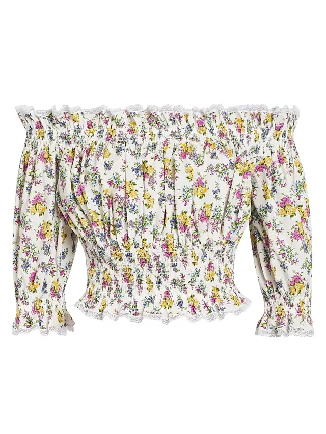 Women's Lace-Trim Floral Off-The-Shoulder Crop Blouse - Fiorellini F Bco