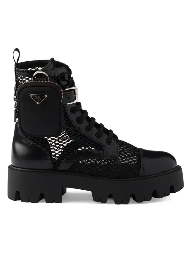 Women's Mesh Fabric and Brushed Leather Booties with Pouch - Black