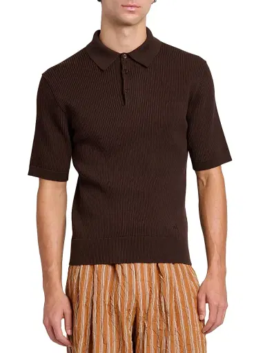 Dolce & Gabbana Men's Rib-Knit Cotton Polo Shirt - Marrone - Size 42 | Thumbnail 3