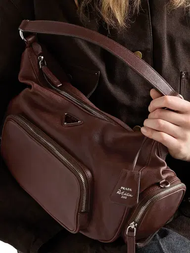 Prada Women's Medium Washed Leather Shoulder Bag - Brown | Thumbnail 3 Prada Women's Medium Washed Leather Shoulder Bag - Brown | Thumbnail 3
