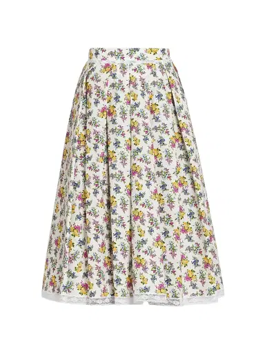 Dolce & Gabbana Women's Lace-Trim Floral Cotton Knee-Length Skirt - Fiorellini F Bco - Size 10 | Thumbnail 1