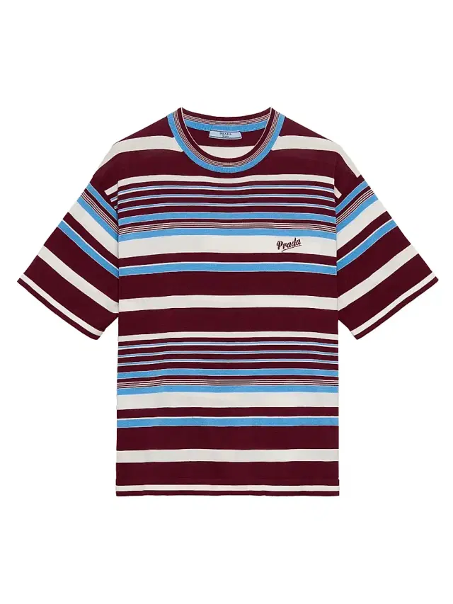 Prada Women's Striped Cotton Crew-Neck Sweater - Dark Red