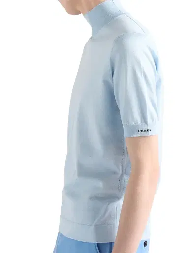 Prada Men's Short-Sleeved Cotton Turtleneck Sweater - Blue | Thumbnail 4 Prada Men's Short-Sleeved Cotton Turtleneck Sweater - Blue | Thumbnail 4
