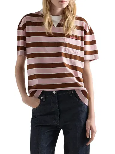 Prada Women's Bayadere Striped Lisle Cotton T-Shirt - Pink Multicolor - Size 12 | Thumbnail 2