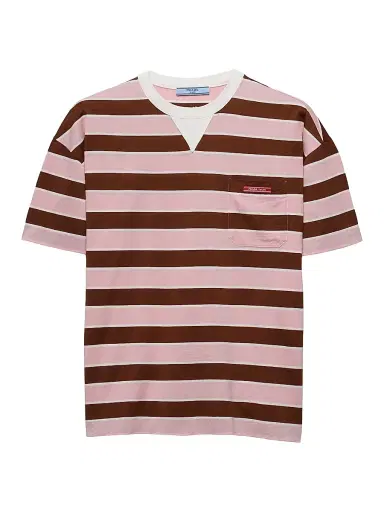 Prada Women's Bayadere Striped Lisle Cotton T-Shirt - Pink Multicolor - Size 12 | Thumbnail 1