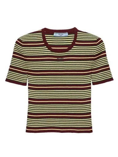 Prada Women's Short-Sleeved Striped Cotton Sweater - Size 10 | Thumbnail 1