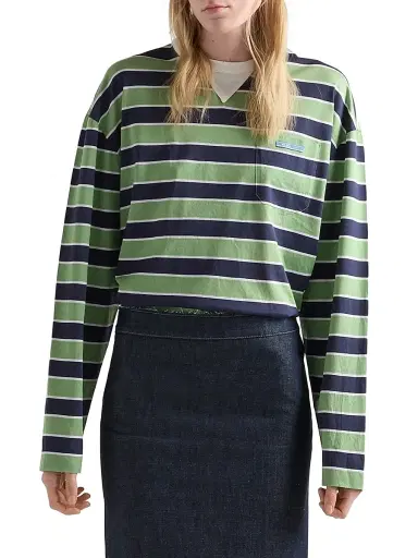 Prada Women's Long Sleeved Bayadere Striped Lisle Cotton T-Shirt - Blue - Size 8 | Thumbnail 2