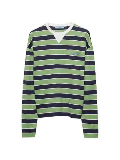 Prada Women's Long Sleeved Bayadere Striped Lisle Cotton T-Shirt - Blue - Size 8 | Thumbnail 1