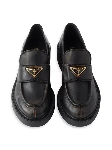Prada Women's Chocolate Antiqued Leather Loafers - Black - Size 7 | Thumbnail 2 Prada Women's Chocolate Antiqued Leather Loafers - Black - Size 7 | Thumbnail 2