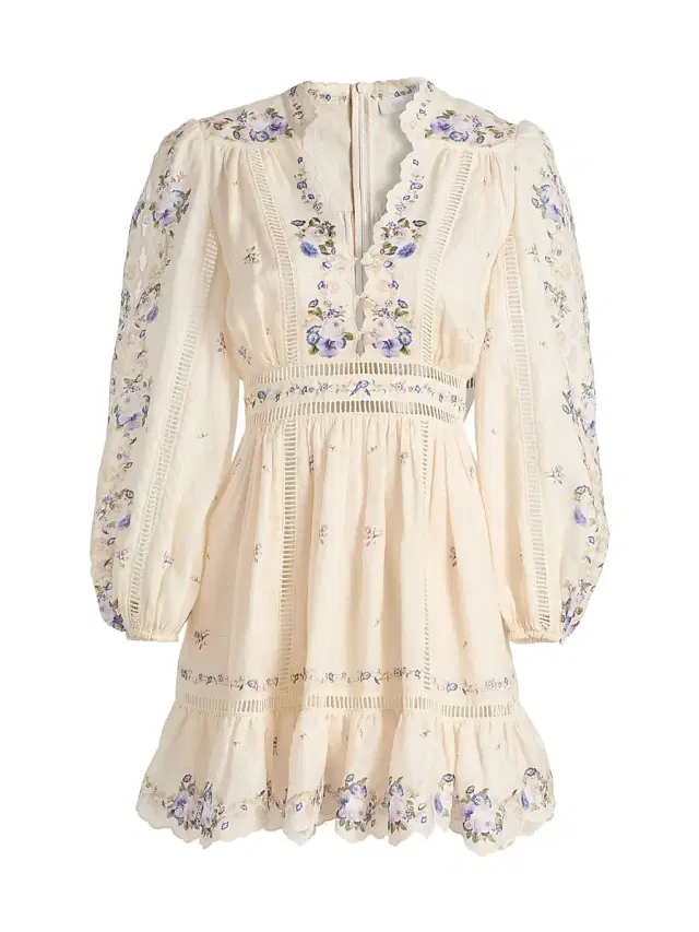 Women's Patience Floral Linen Plunge Minidress - Cream Purple Rose