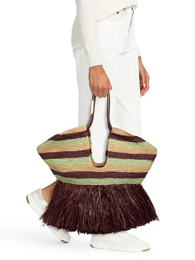 Zimmermann Women's Large Goldentime Striped Raffia Tote Bag - Burgundy Stripe | Thumbnail 3