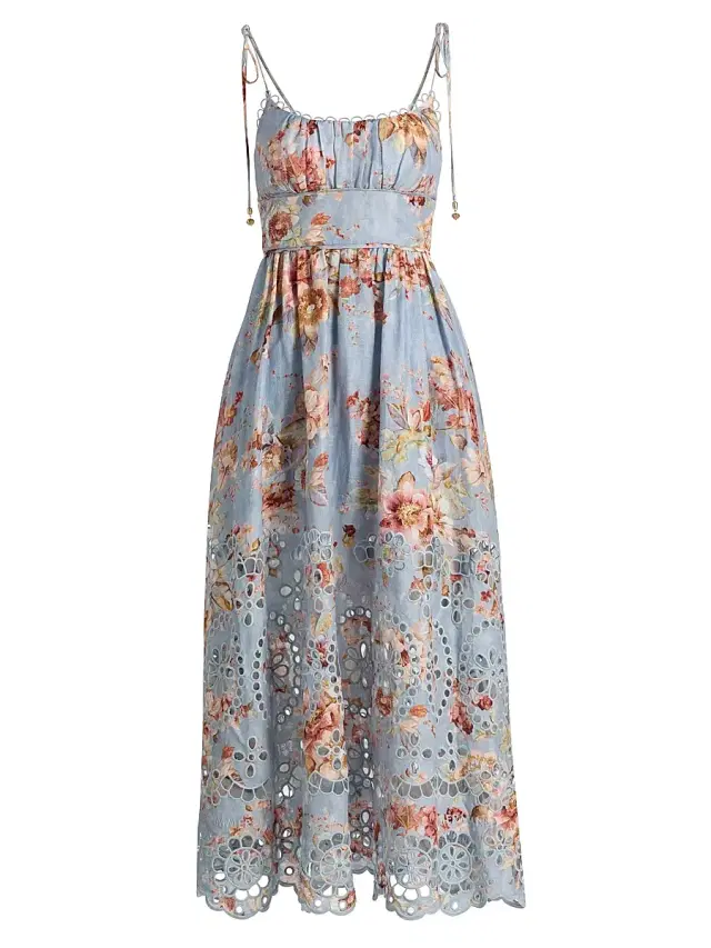 Zimmermann Women's Awaken Picnic Floral Laser-Cut Linen Midi-Dress - Chambray Floral