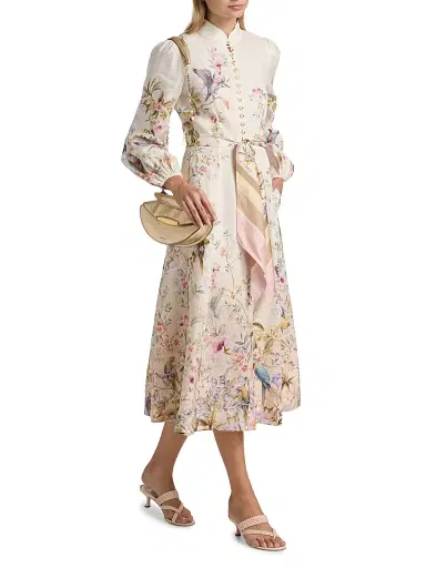 Zimmermann Women's Rebellion Printed Button-Front Linen Midi-Dress - Cream Aviary | Thumbnail 2