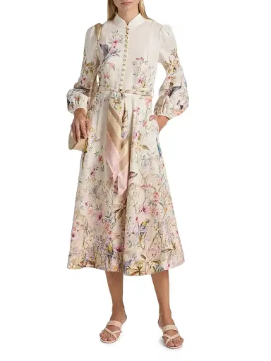 Zimmermann Women's Rebellion Printed Button-Front Linen Midi-Dress - Cream Aviary | Thumbnail 3