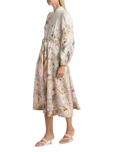 Zimmermann Women's Rebellion Printed Button-Front Linen Midi-Dress - Cream Aviary | Thumbnail 4