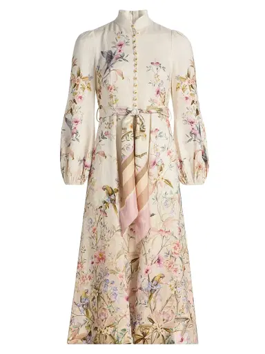 Zimmermann Women's Rebellion Printed Button-Front Linen Midi-Dress - Cream Aviary | Thumbnail 1