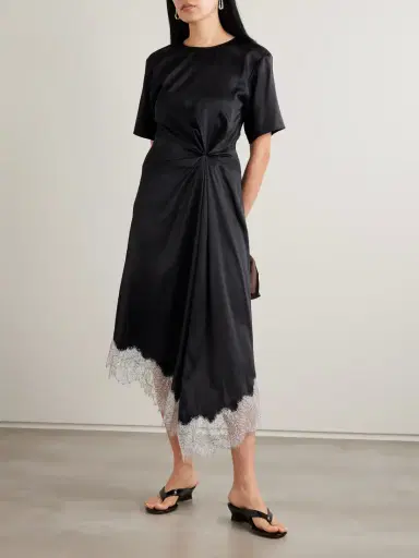 Staud Sonoma Asymmetric Gathered Lace-trimmed Silk-blend Satin Midi Dress | Thumbnail 2