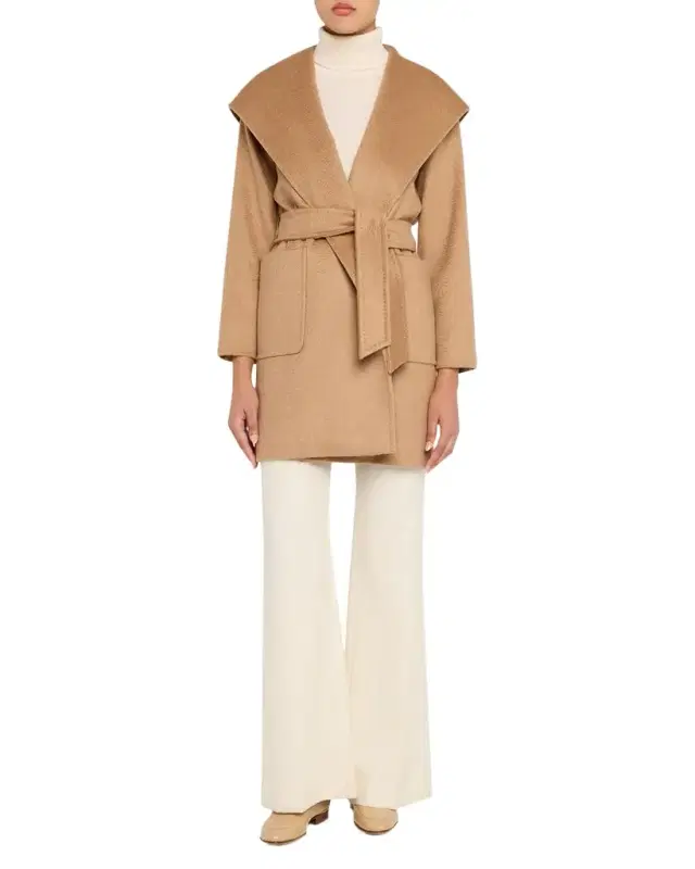 Rialto Camel Hair Belted Short Hooded Coat