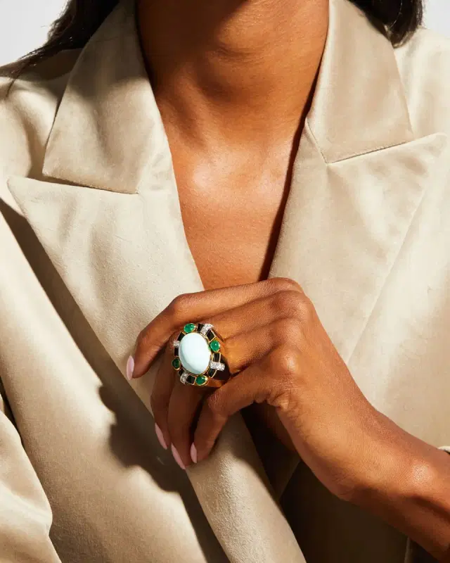 Turquoise, Emerald and Diamond Ring, Size 6.5