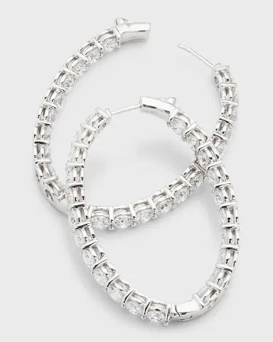 Neiman Marcus Diamonds 18K White Gold Round Diamond Oval Hoop Earrings, 14 ct., 0.75"L | Thumbnail 3