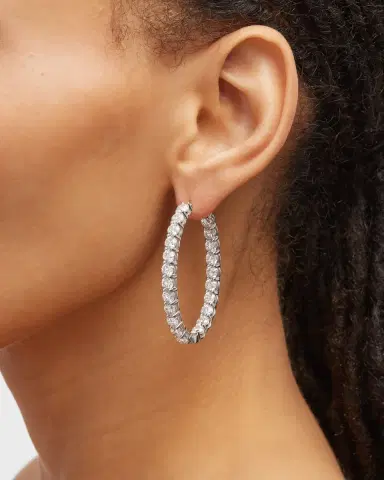 Neiman Marcus Diamonds 18K White Gold Round Diamond Oval Hoop Earrings, 14 ct., 0.75"L | Thumbnail 1