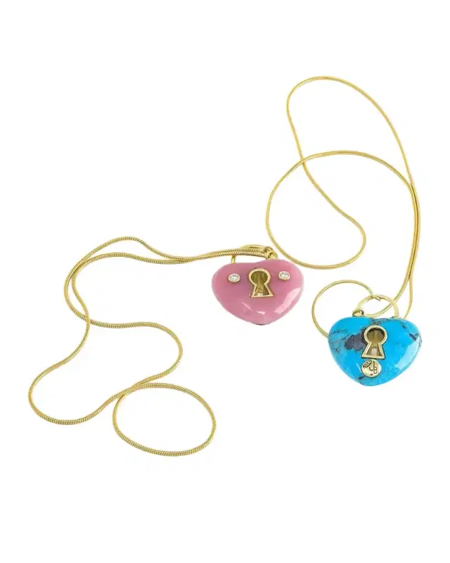 Yellow Gold Turquoise Heart Charm with Keyhole and 2 White Diamonds