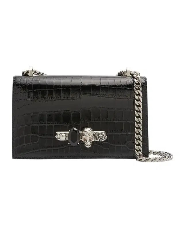 McQueen Shiny Croc-Embossed Jeweled Shoulder Bag