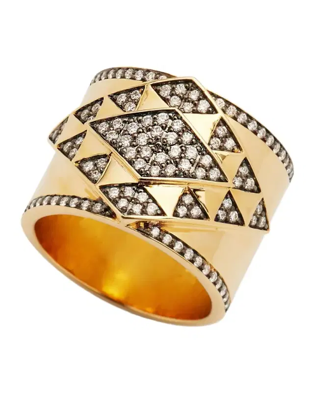 18K Yellow Gold Amina Cigar Band With Diamonds and Black Rhodium, Size 7
