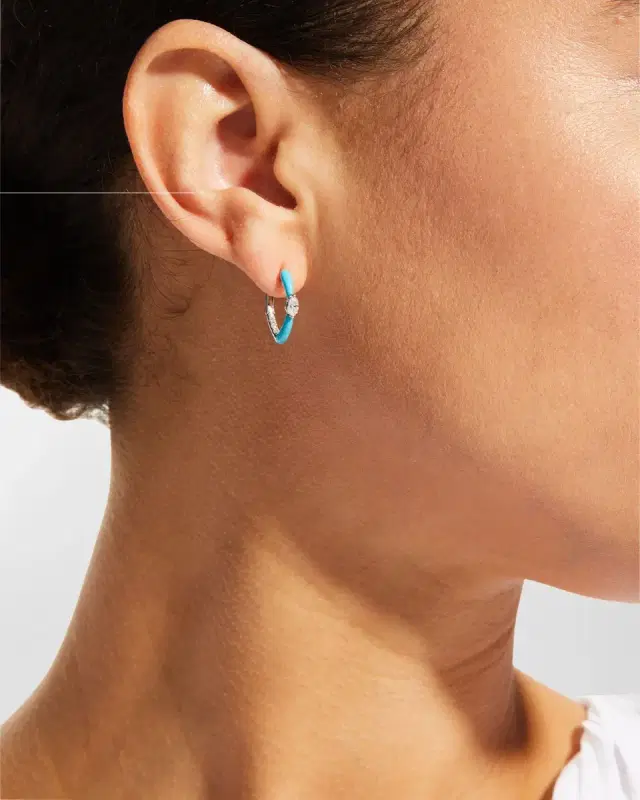 White Gold Marquise Center and Turquoise Enamel Hoop Earrings White Gold Marquise Center and Turquoise Enamel Hoop Earrings