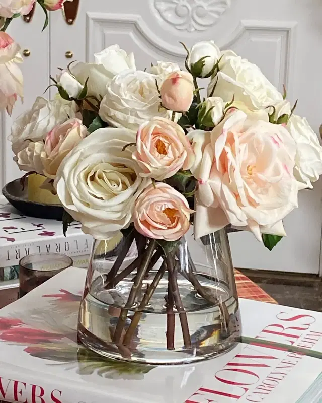 Winward Home Mix Rose Faux Flowers in Glass Vase