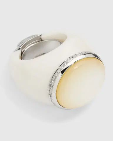 Sanalitro 18K White Gold Ring with White Agate Shank, Mother-of-Pearl Cabochon and Diamonds, Size 6-8 | Thumbnail 2