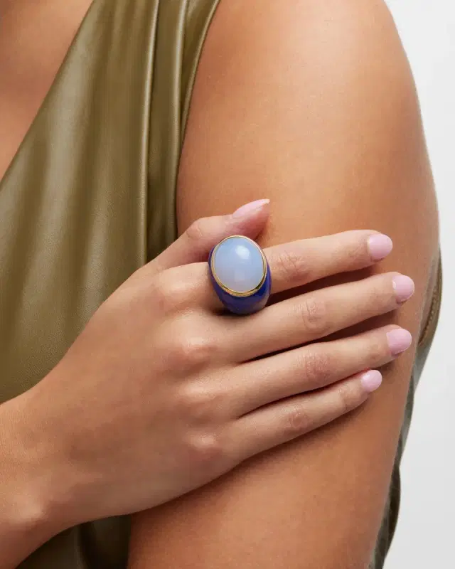 18K Lapis Lazuli Ring with Chalcedony Cabochon and Diamonds, Size 6-8