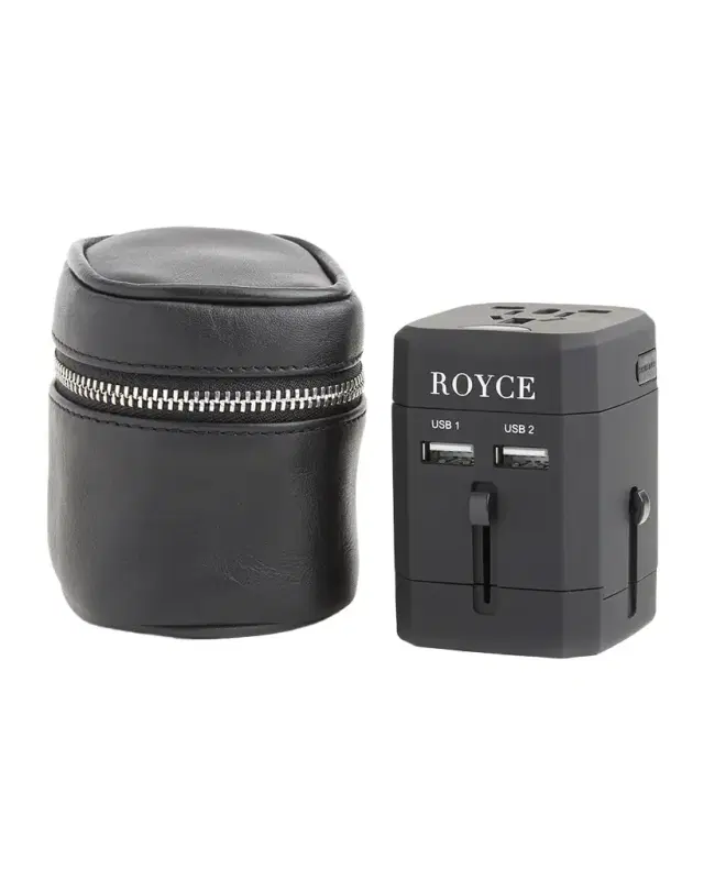 ROYCE New York International Travel Adapter & Monogrammed Leather Case Set