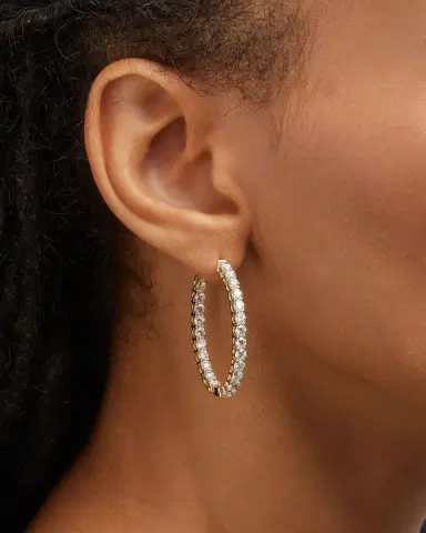 Neiman Marcus Diamonds 18K Yellow Gold Round Diamond GH/SI Medium Hoop Earrings | Thumbnail 2 Neiman Marcus Diamonds 18K Yellow Gold Round Diamond GH/SI Medium Hoop Earrings | Thumbnail 2