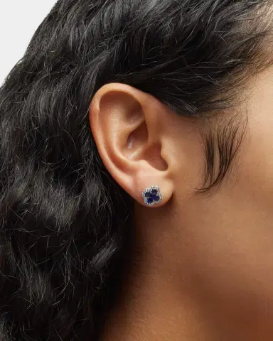 Neiman Marcus Diamonds 18K Sapphire and Diamond Flower Post Earrings, 0.24tcw, 0.4"L / 0.4"W | Thumbnail 2 Neiman Marcus Diamonds 18K Sapphire and Diamond Flower Post Earrings, 0.24tcw, 0.4"L / 0.4"W | Thumbnail 2