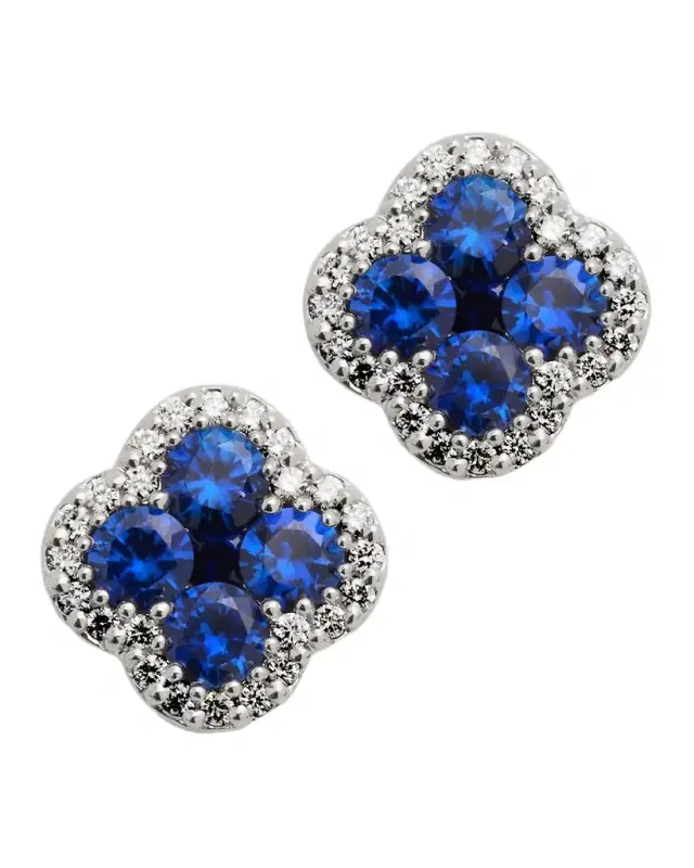 18K Sapphire and Diamond Flower Post Earrings, 0.24tcw, 0.4"L / 0.4"W