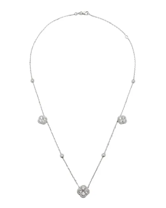 18K White Gold Diamond Flower Station Necklace, 18"L, 3.00tcw