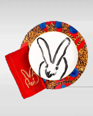 Hunt Slonem Painted Bunny Embroidered Dinner Napkin, Red/Gold | Thumbnail 2