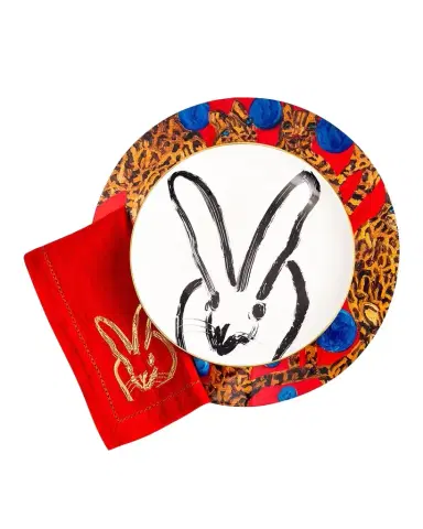 Hunt Slonem Painted Bunny Embroidered Dinner Napkin, Red/Gold | Thumbnail 1