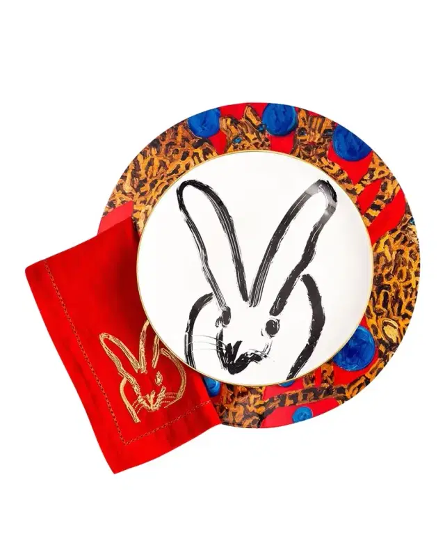 Hunt Slonem Painted Bunny Embroidered Dinner Napkin, Red/Gold