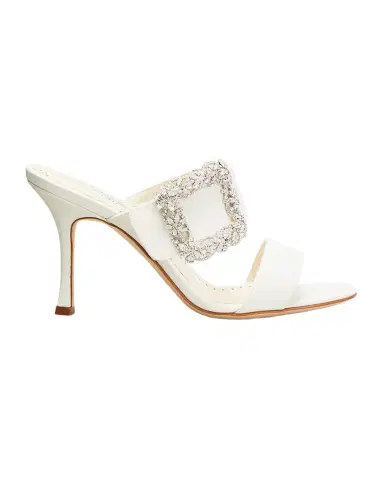 Manolo Blahnik Gable Silk Crystal Buckle Slide Sandals | Thumbnail 1 Manolo Blahnik Gable Silk Crystal Buckle Slide Sandals | Thumbnail 1