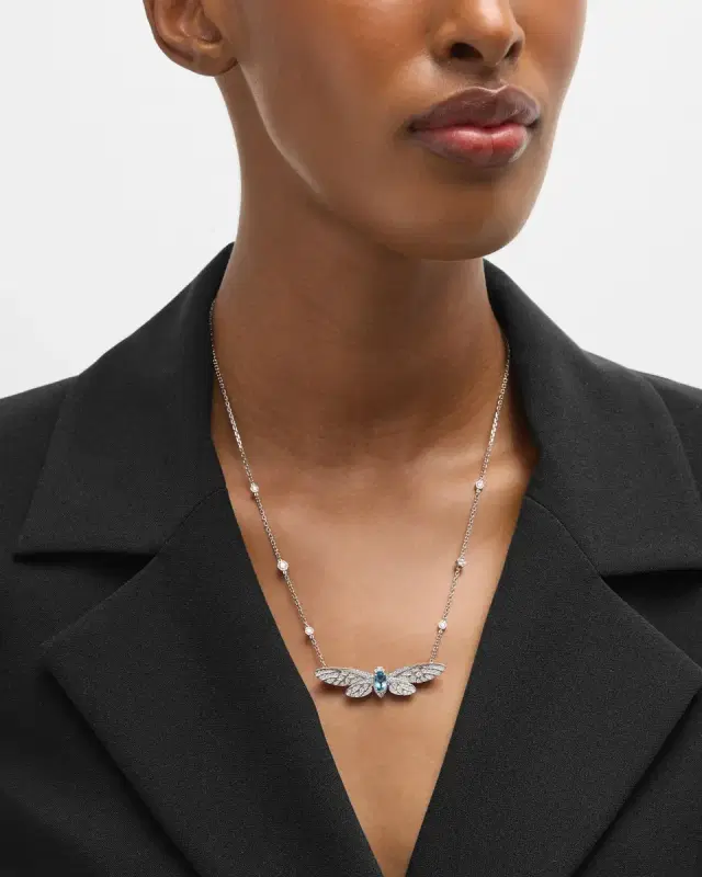 Cicada 18K White Gold Diamond & Aquamarine Pendant Necklace