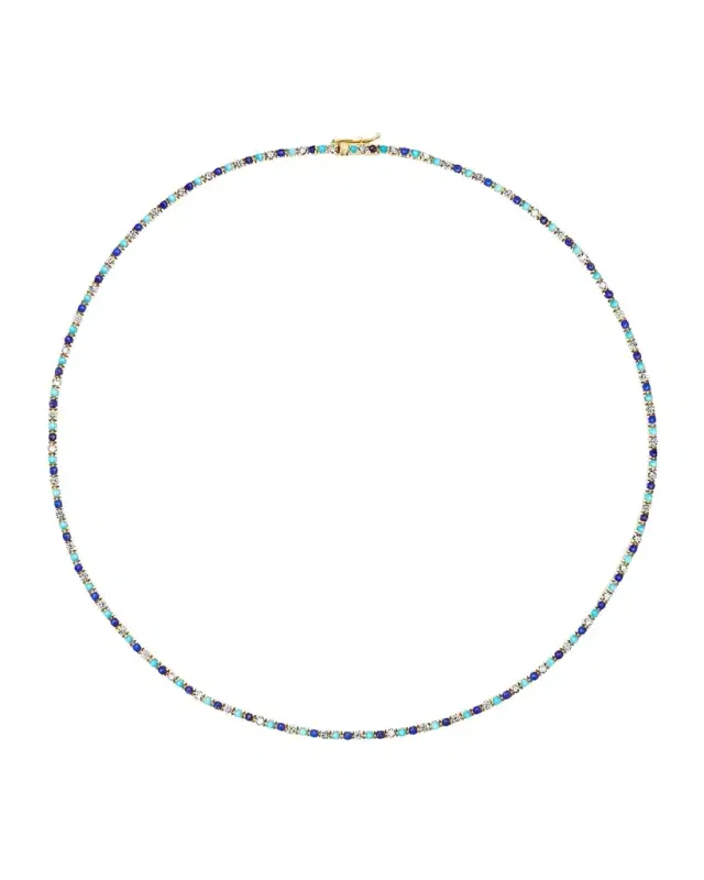18K Yellow Gold Small 4 Prong Tennis Necklace with Diamonds, Lapis and Turquoise